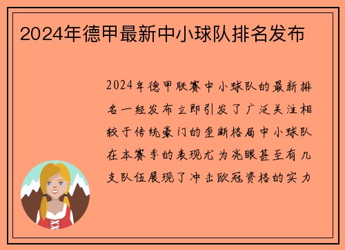 2024年德甲最新中小球队排名发布